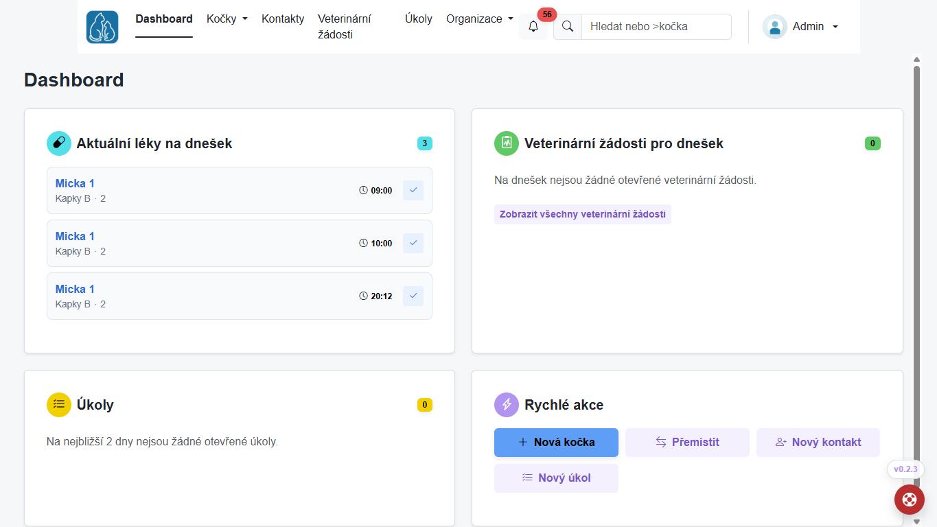 Přehledový dashboard systému TIS s ukázkovými daty